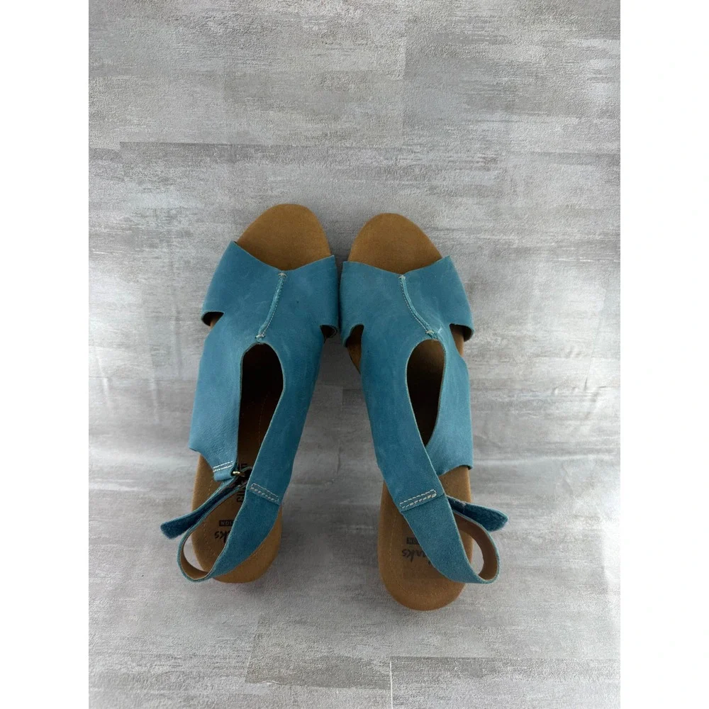 Clarks Teal Blue Nubuck Leather Cork Wedge Sandals Peep Toe Women Sz 11 M